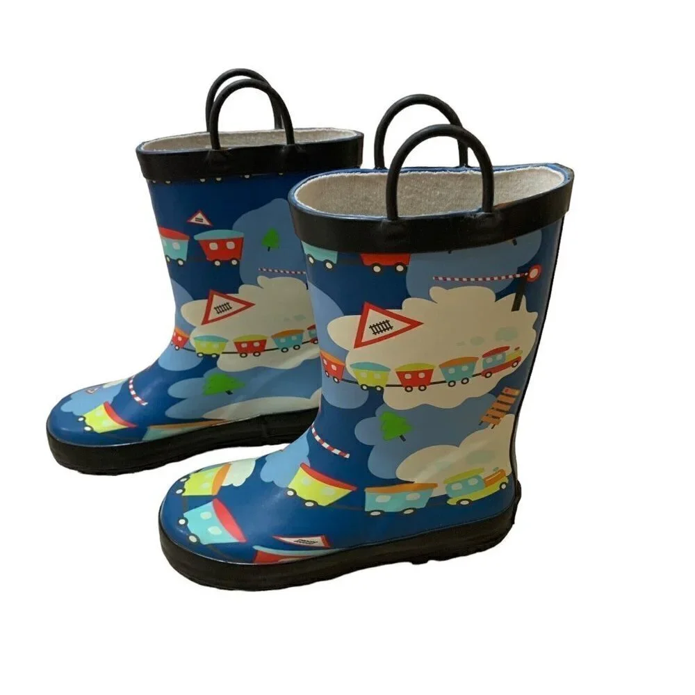 Mucky Wear Children's Size 2Y Rubber Rain Boots Train Theme w.  Easy-on Handles